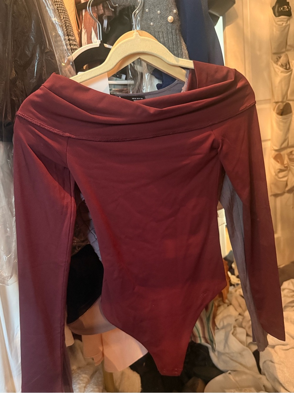 Babaton Off-Shoulder Long Sleeve Bodysuit in Burgundy